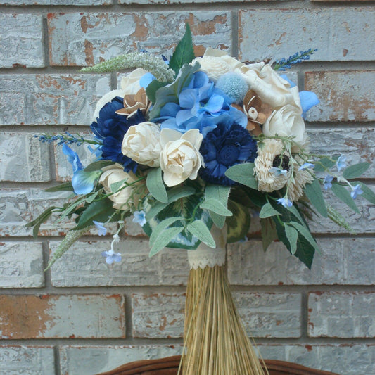 Bridal Bouquet in Blues and Creams, Sola Wood Flower Bridal Bouquet, Keepsake Bouquet, Eco-Friendly Bridal Bouquet,