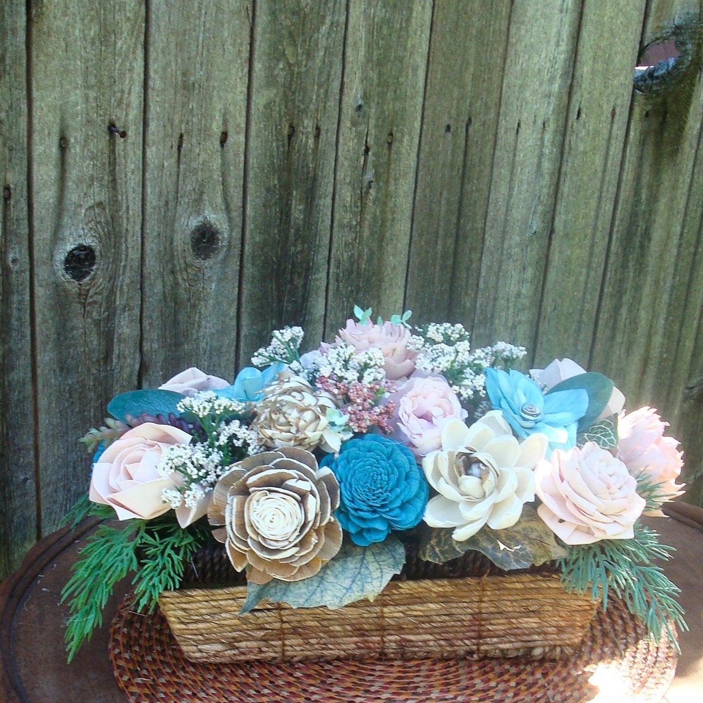 Beautiful Teal and Cream Sola Wood Flower Centerpiece