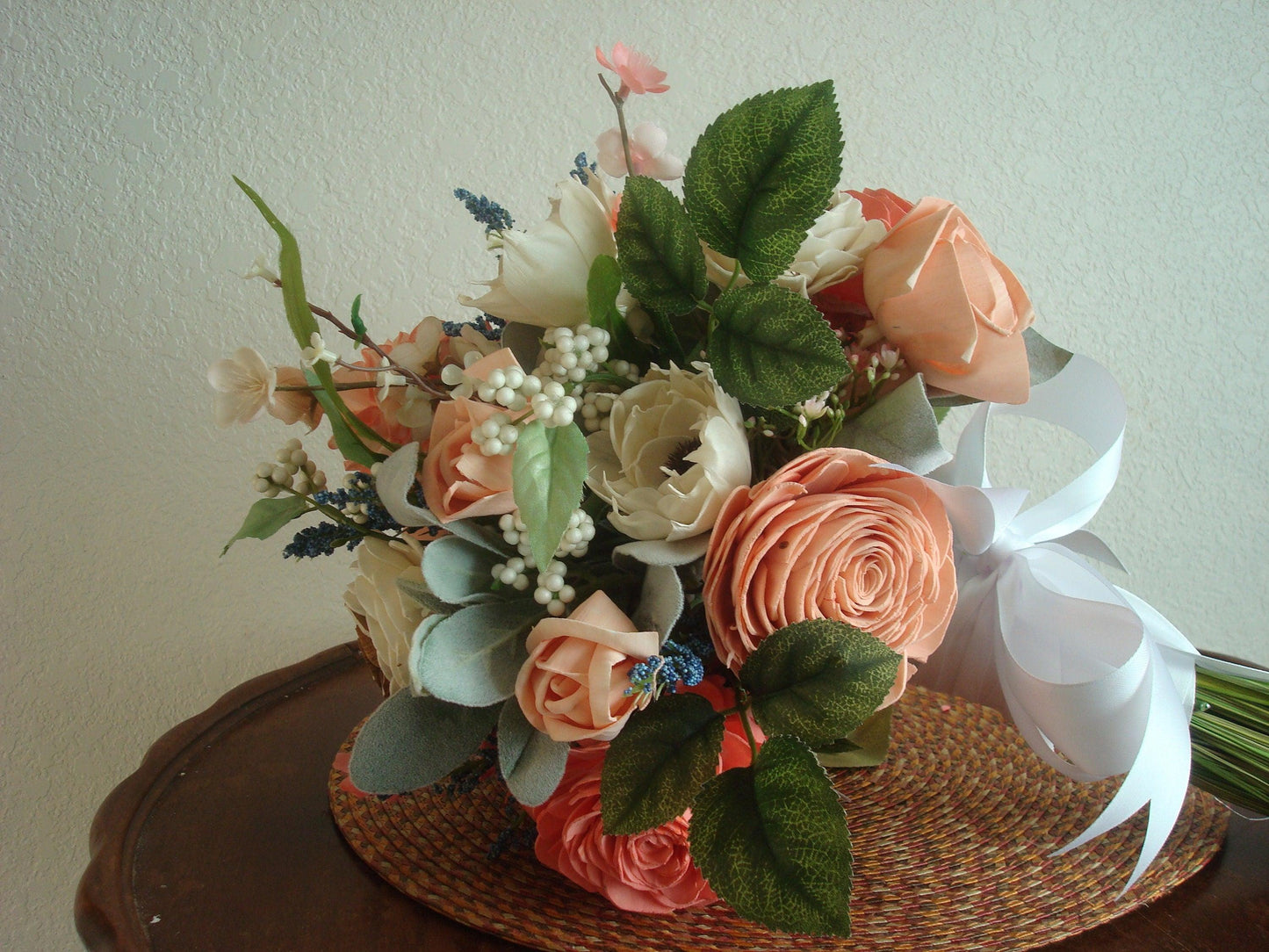 Wooden Flower Bouquet, Blue and Peach, Boho Wedding, Keepsake Bridal Bouquet