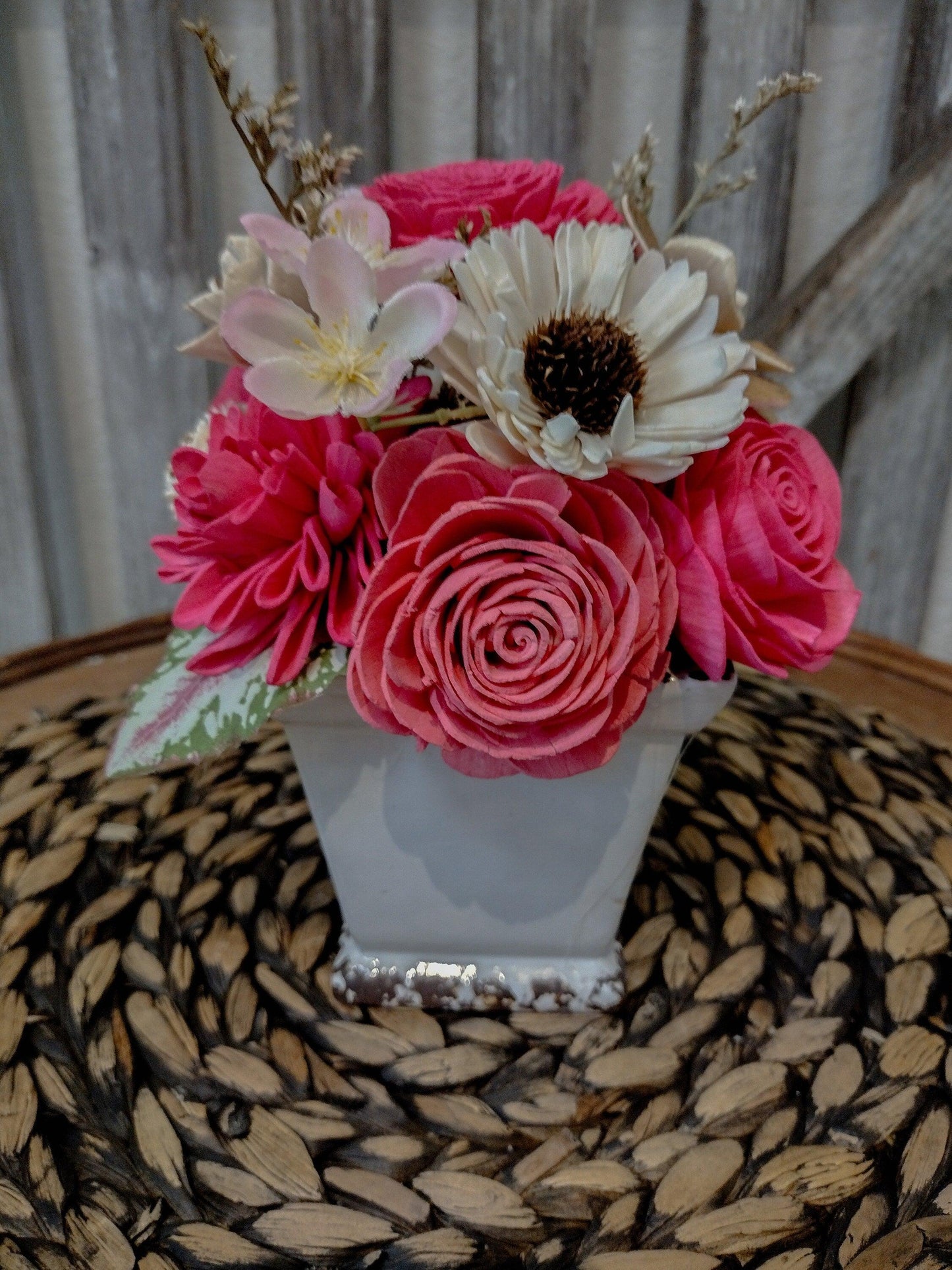 Bright  Pink and Ivory Farmhouse Centerpiece - Keepsake Sola Flower Arrangement