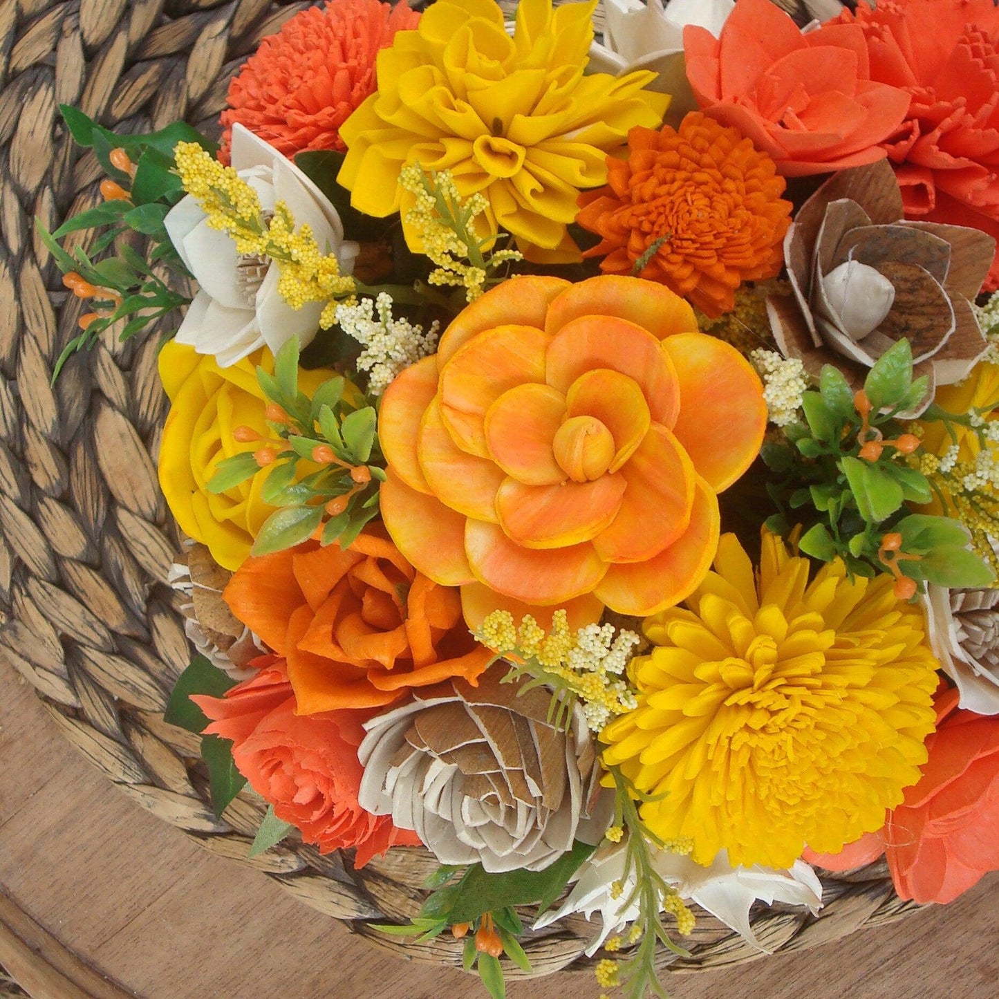 Orange and Yellow Sola Flowers, Wood Flower Arrangement