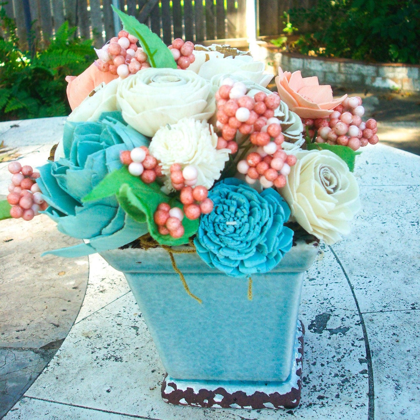 Wood Sola Flower Arrangement, Peaches/natual/ and blues in adorable ceramic vase. Get Well Flowers, Shower Centerpiece, Wedding Centerpiece