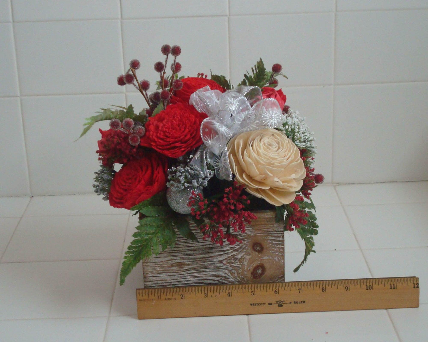 Holiday decoration,  Christmas Centerpiece with berries and sola wood flowers in a wood box, gift