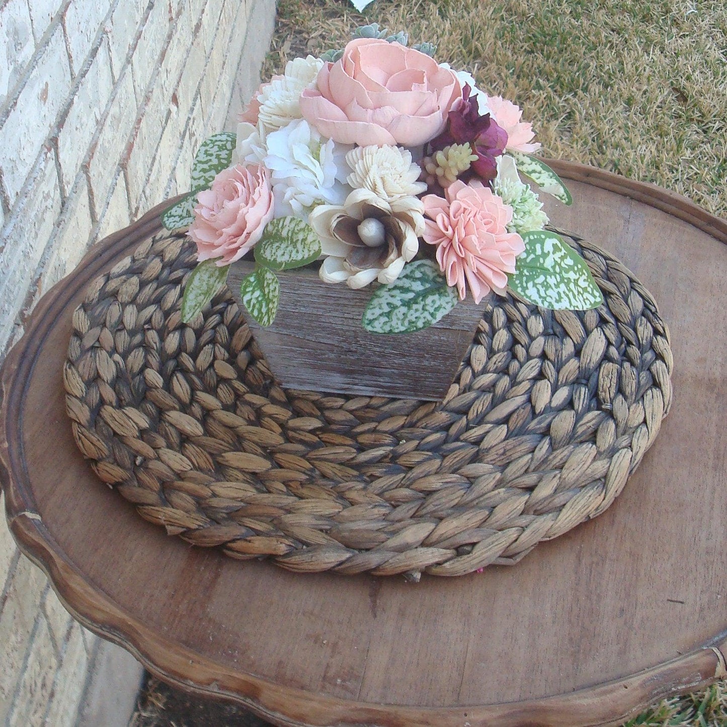 Pinks, white and burgandy florals in a wood box. Perfect for Mother's Day