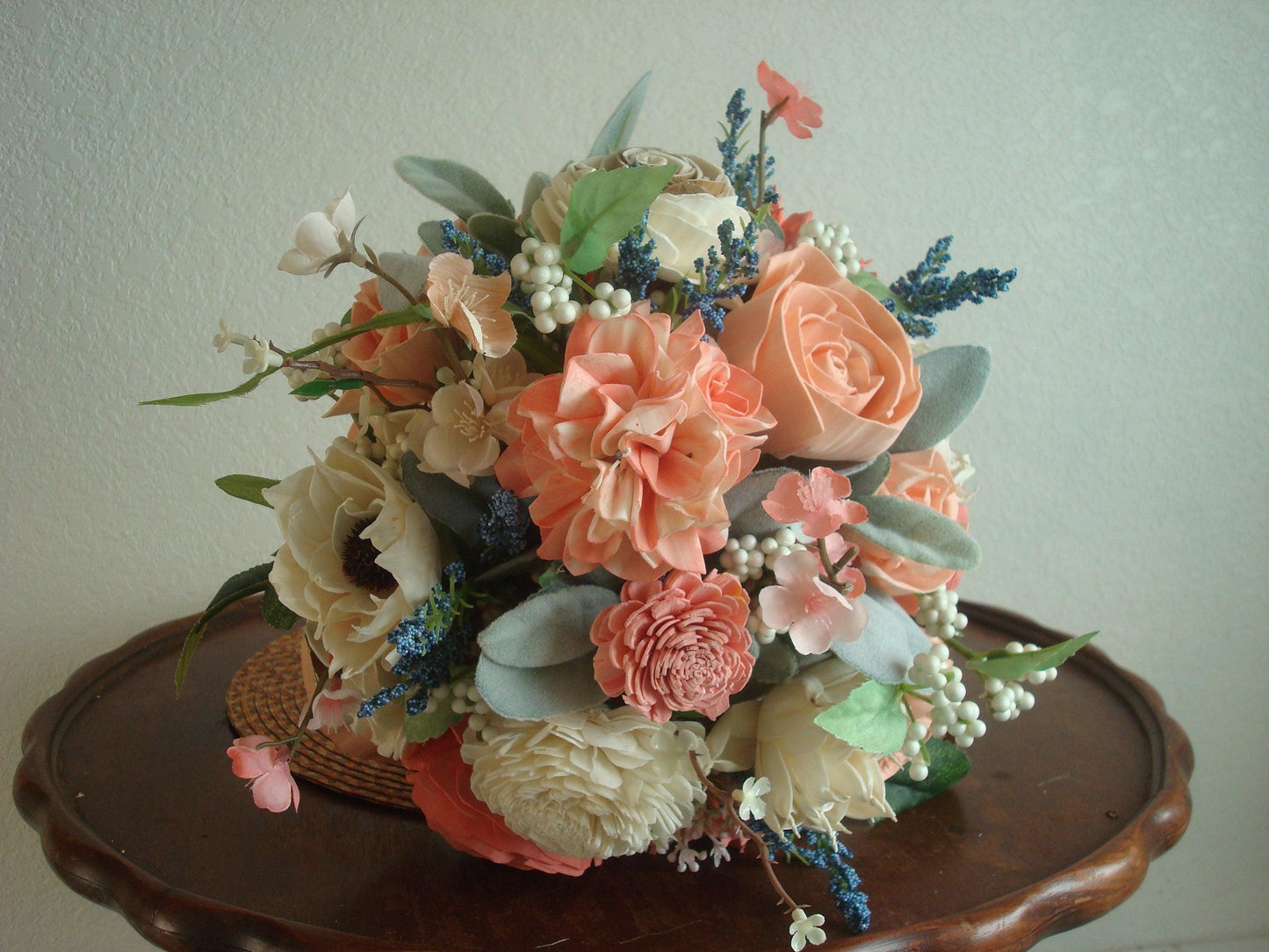 Wooden Flower Bouquet, Blue and Peach, Boho Wedding, Keepsake Bridal Bouquet