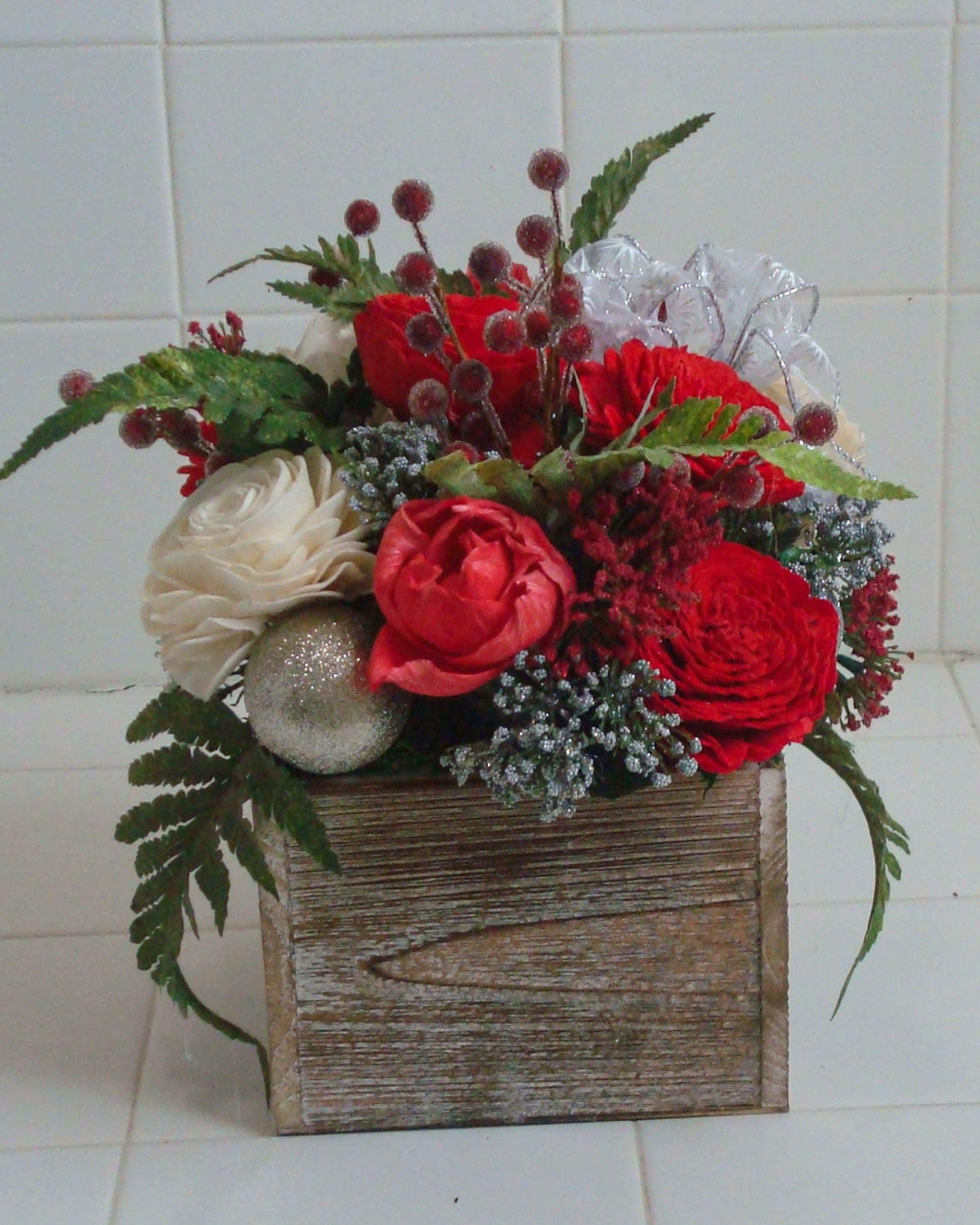 Holiday decoration,  Christmas Centerpiece with berries and sola wood flowers in a wood box, gift