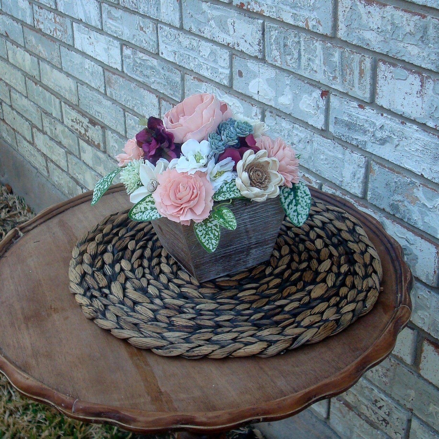 Pinks, white and burgandy florals in a wood box. Perfect for Mother's Day