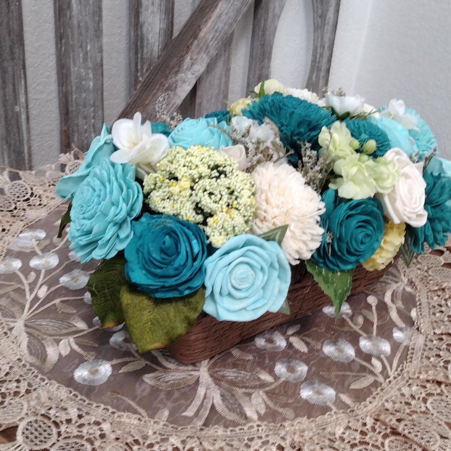 Beautiful Teal and Cream flowers in a full and lush arrangement in a beautiful basket, Sola Wood Flowers, Farmhouse Decor