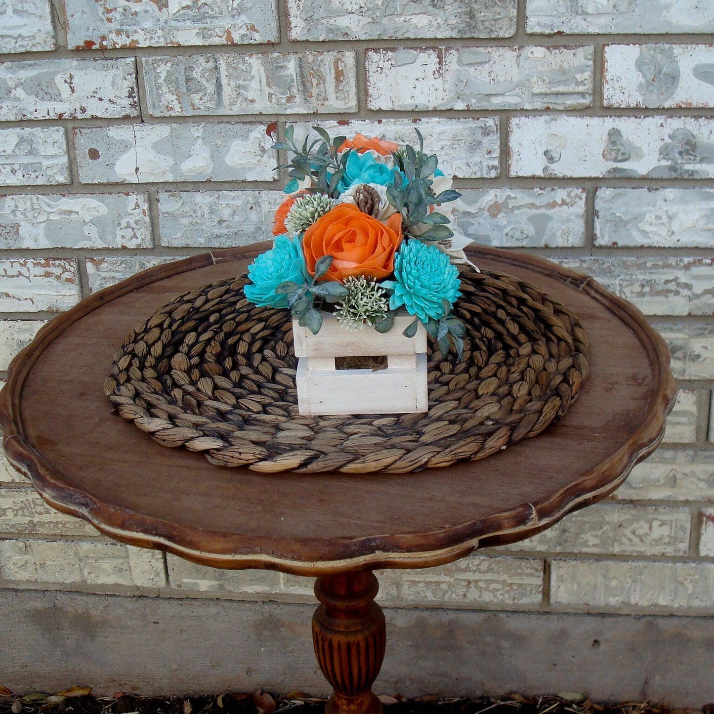 Teal  and Orange Wood Florals, Sola Wood Flowers, Gift for her. Dried Flower Arrangement, Mother's day