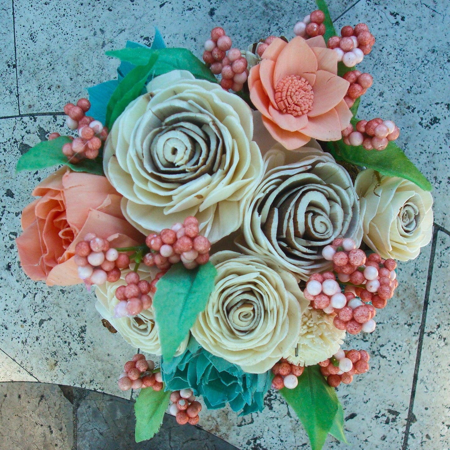 Wood Sola Flower Arrangement, Peaches/natual/ and blues in adorable ceramic vase. Get Well Flowers, Shower Centerpiece, Wedding Centerpiece