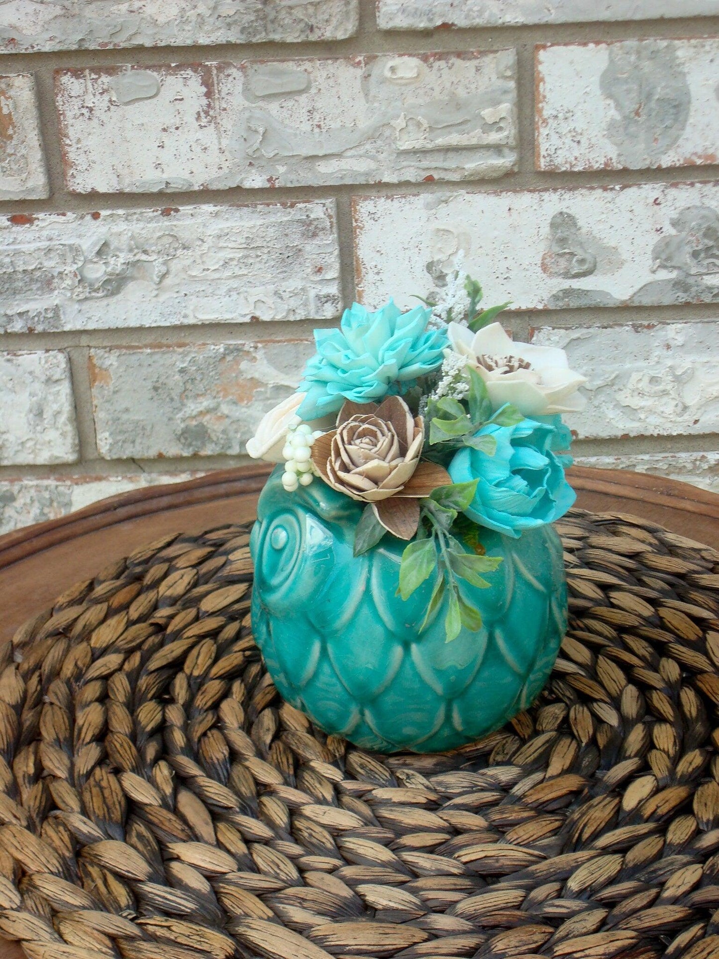 Adorable Teal and White Centerpiece in Teal Ceramic owl