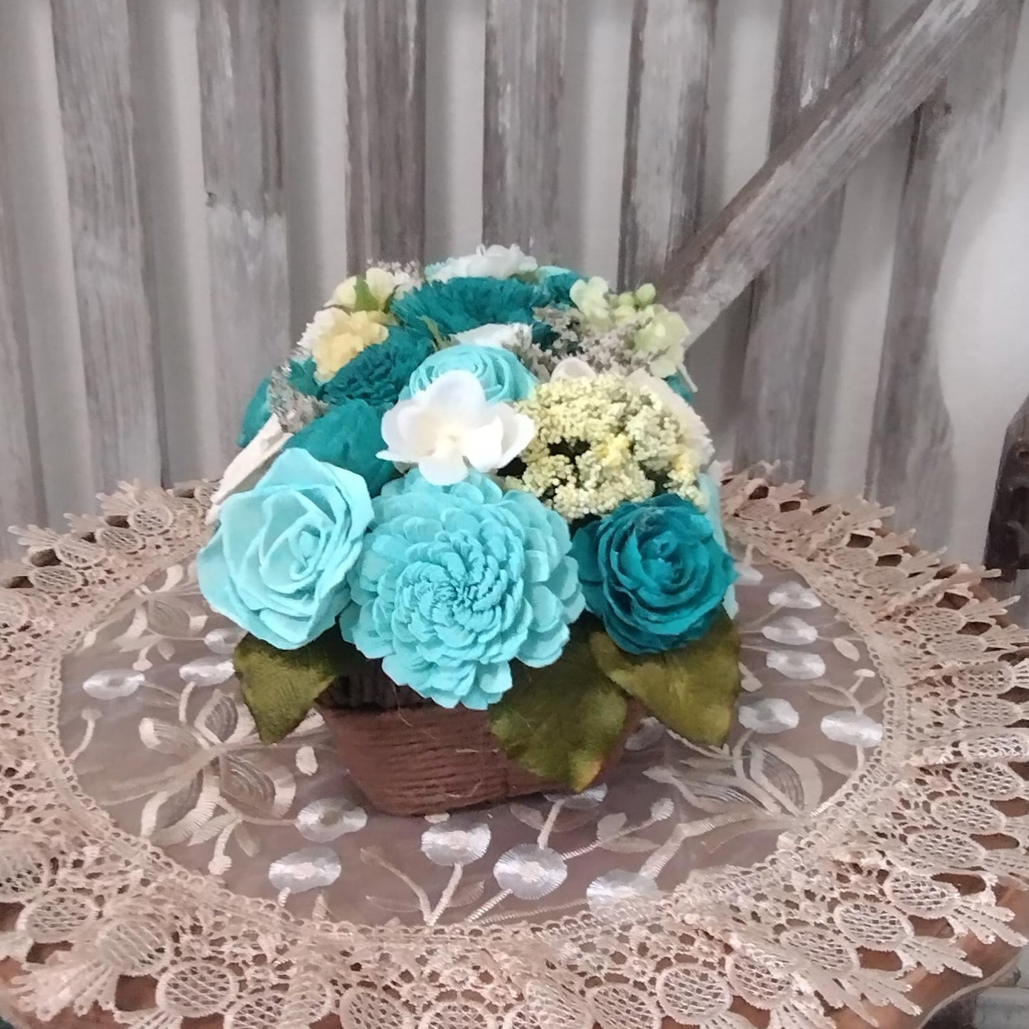 Beautiful Teal and Cream flowers in a full and lush arrangement in a beautiful basket, Sola Wood Flowers, Farmhouse Decor