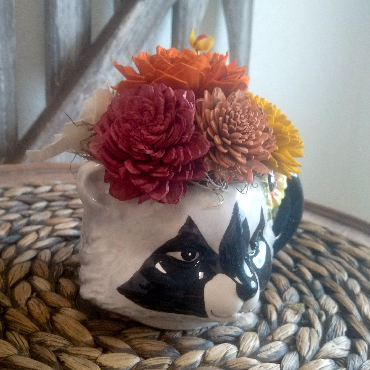 Sola Wood Flowers in a Racoon planter, Gift for her, Forest animals Decor, Approx  7X7X5