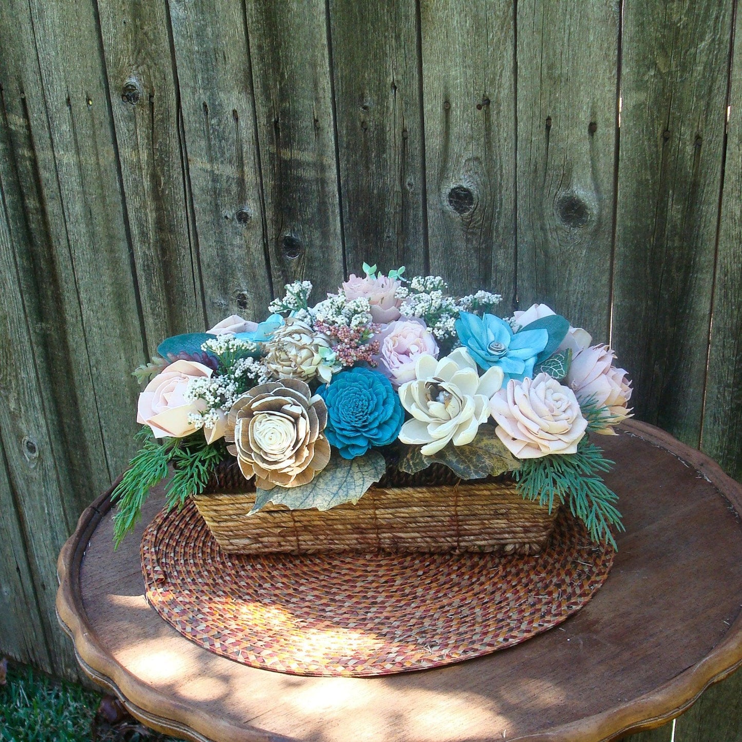 Beautiful Teal and Cream Sola Wood Flower Centerpiece