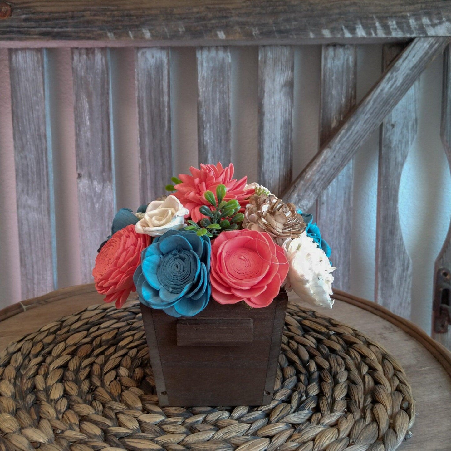 Blue and Coral Sola Wood Flower Arrangement