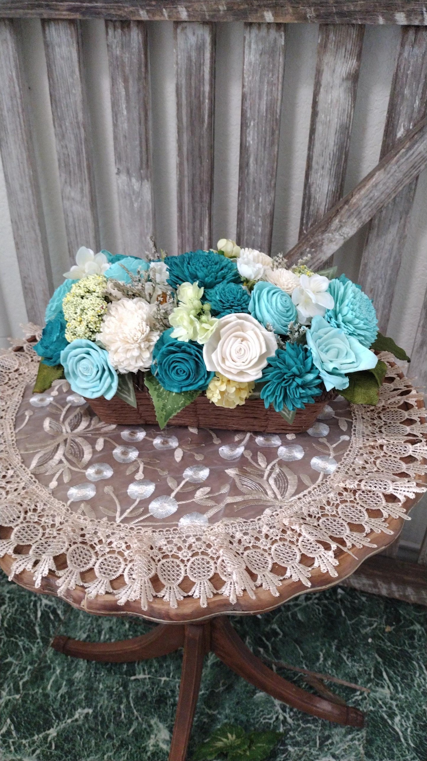 Beautiful Teal and Cream flowers in a full and lush arrangement in a beautiful basket, Sola Wood Flowers, Farmhouse Decor