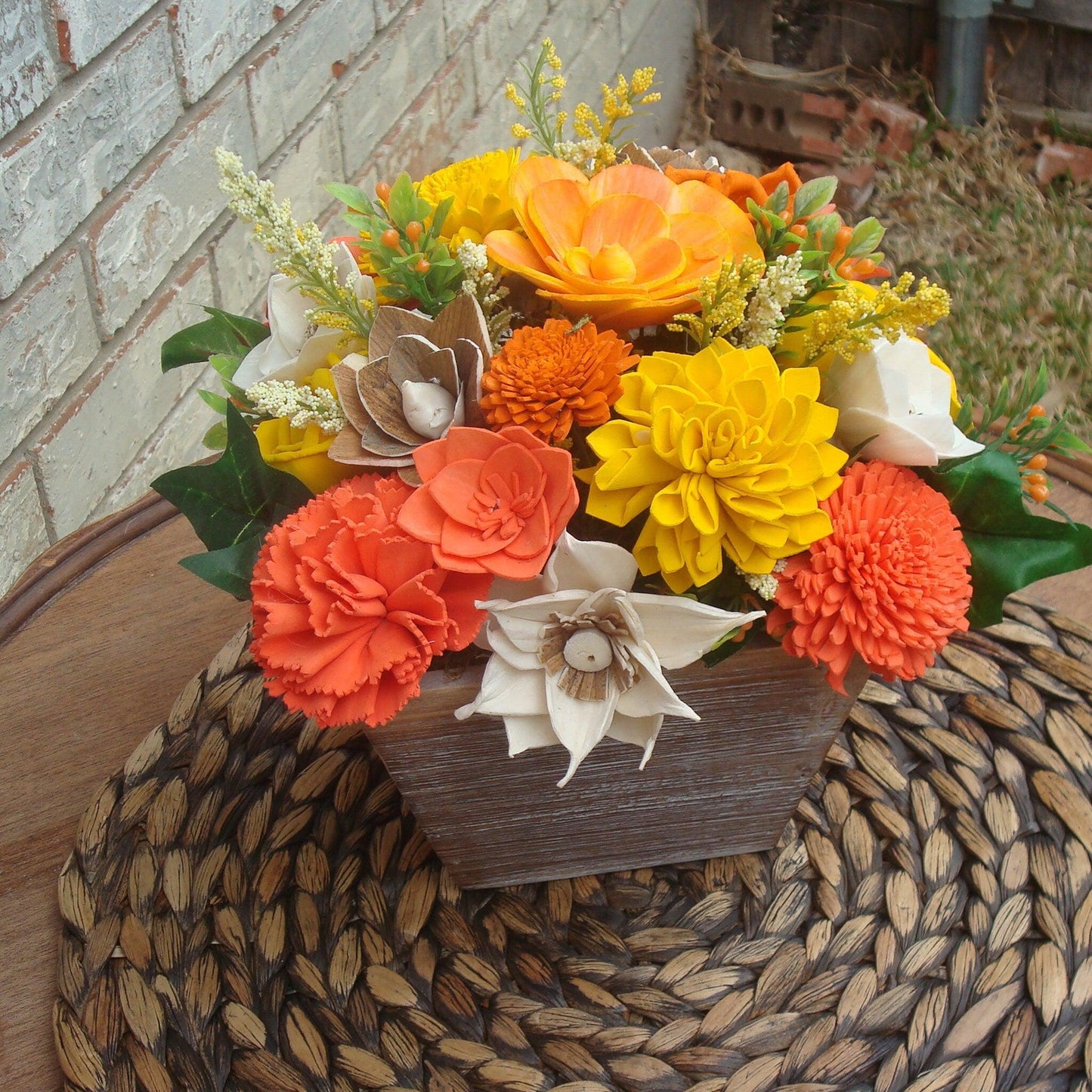 Orange and Yellow Sola Flowers, Wood Flower Arrangement