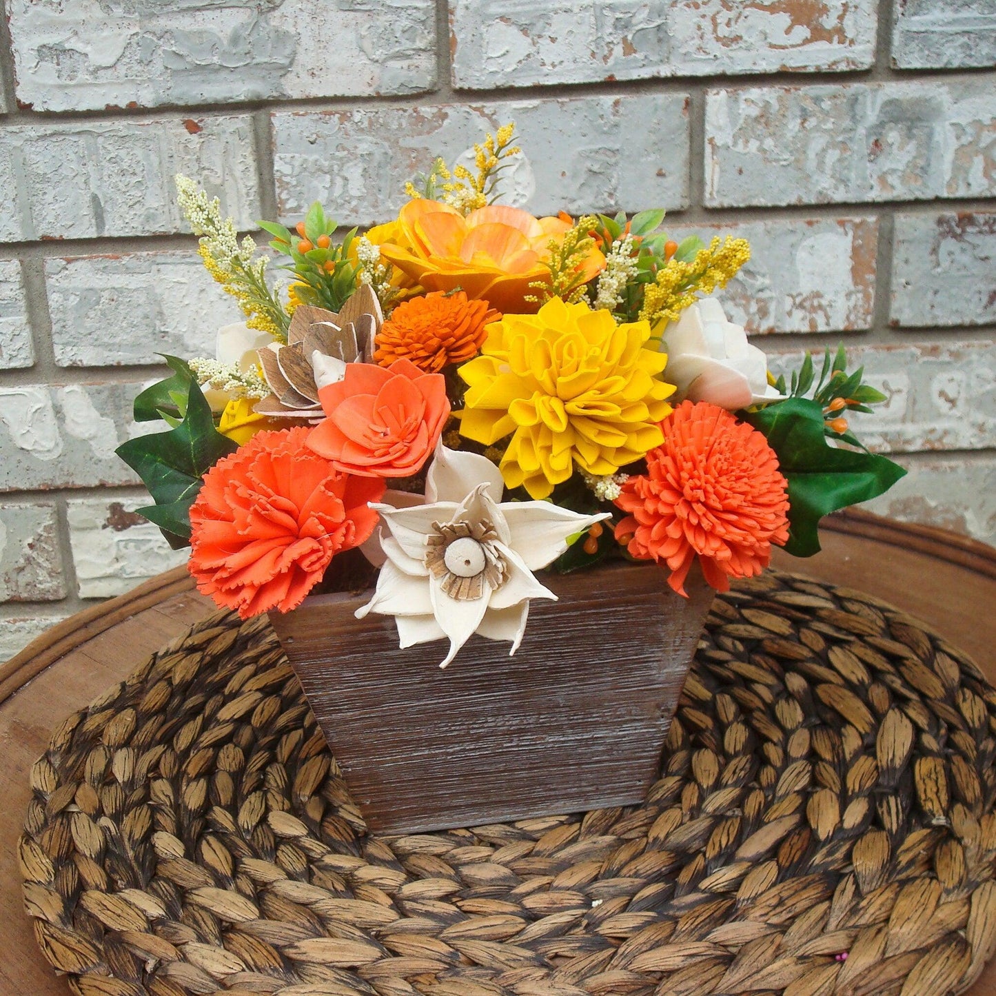 Orange and Yellow Sola Flowers, Wood Flower Arrangement