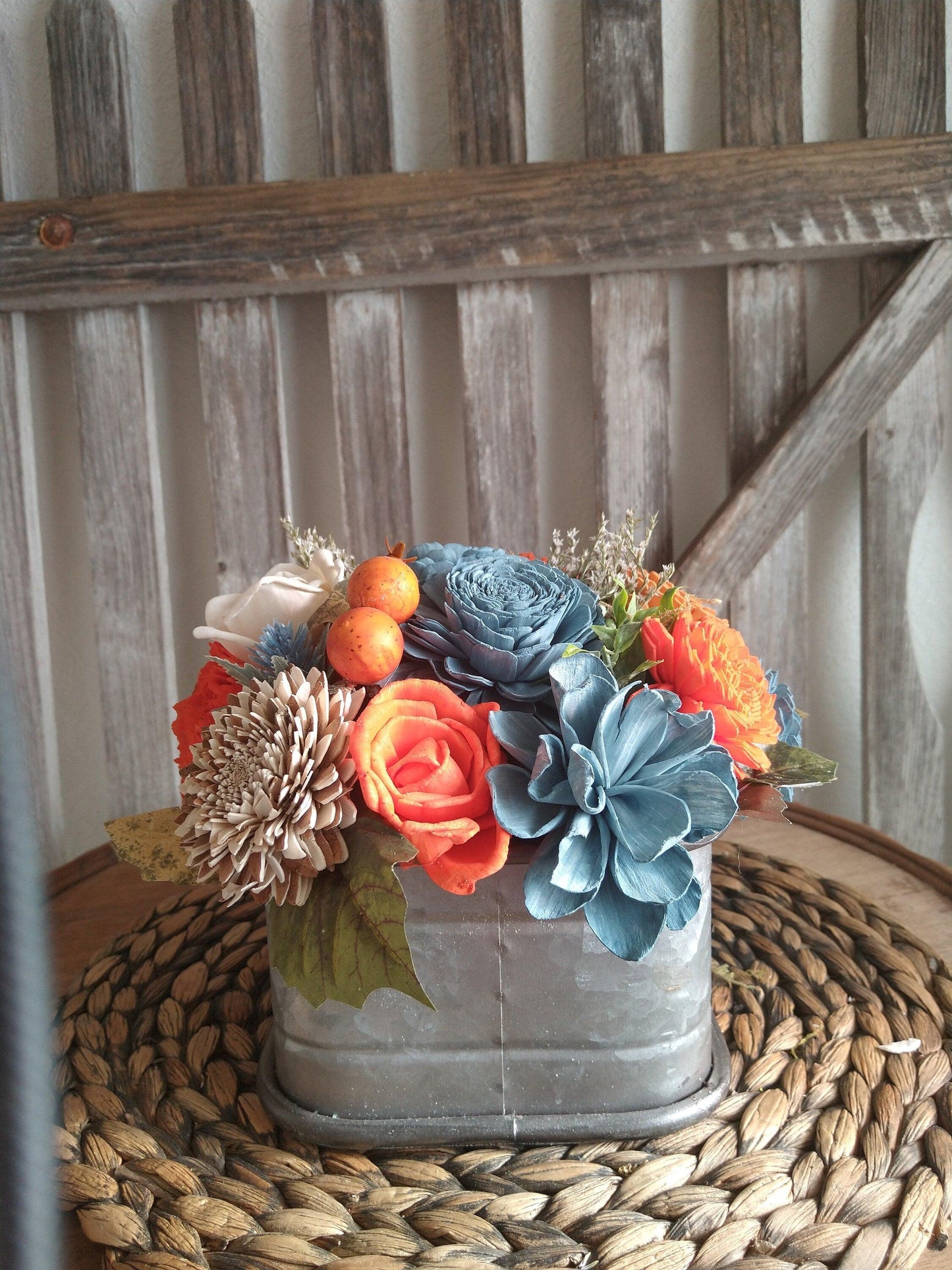 Fall oranges and Blue Sola Wood Flowers in Metal drawer