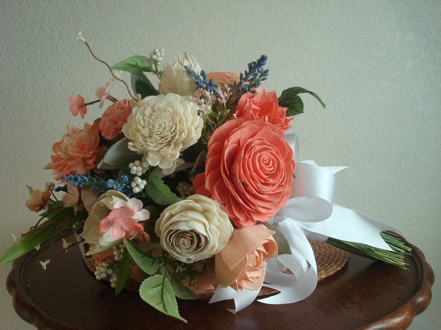 Wooden Flower Bouquet, Blue and Peach, Boho Wedding, Keepsake Bridal Bouquet