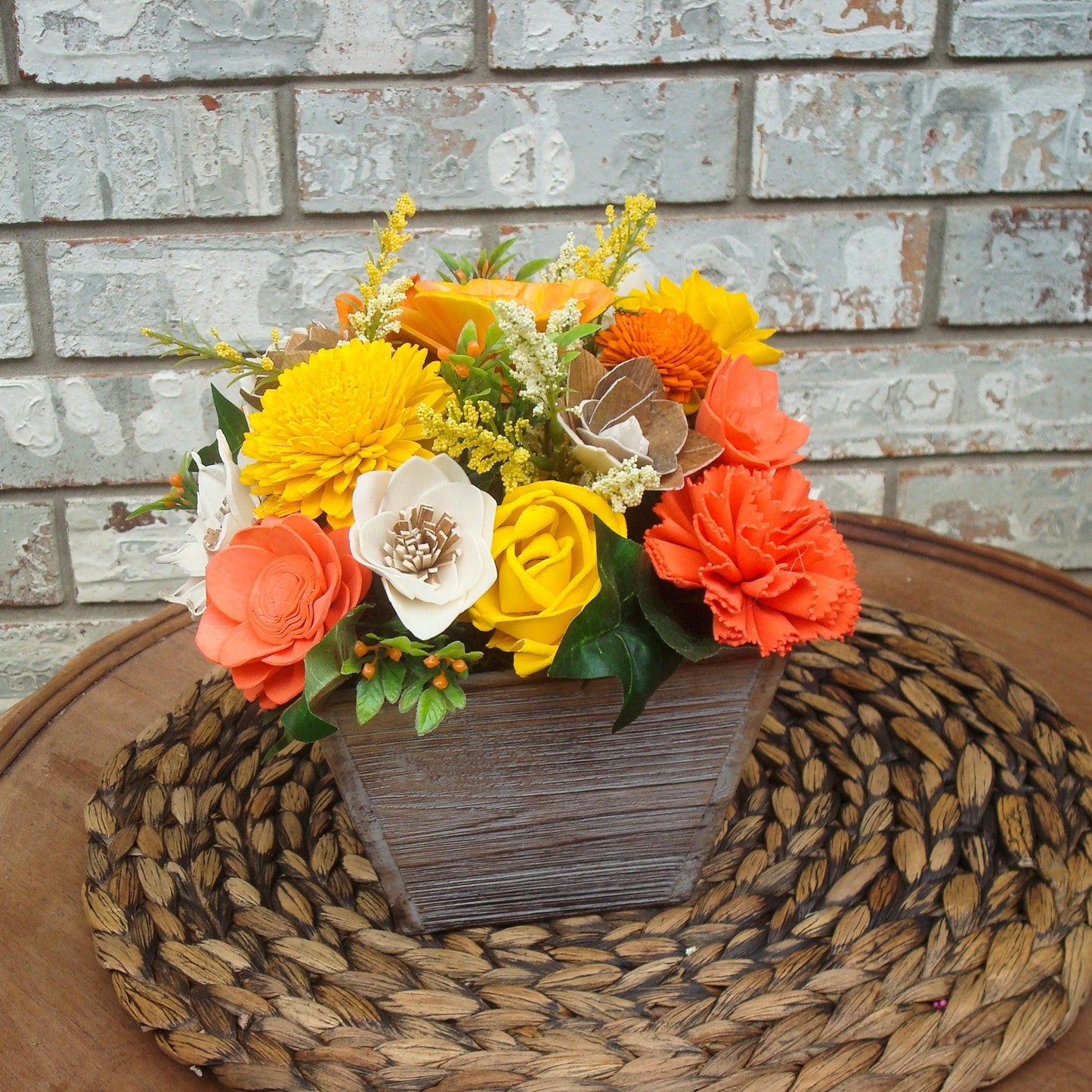 Orange and Yellow Sola Flowers, Wood Flower Arrangement