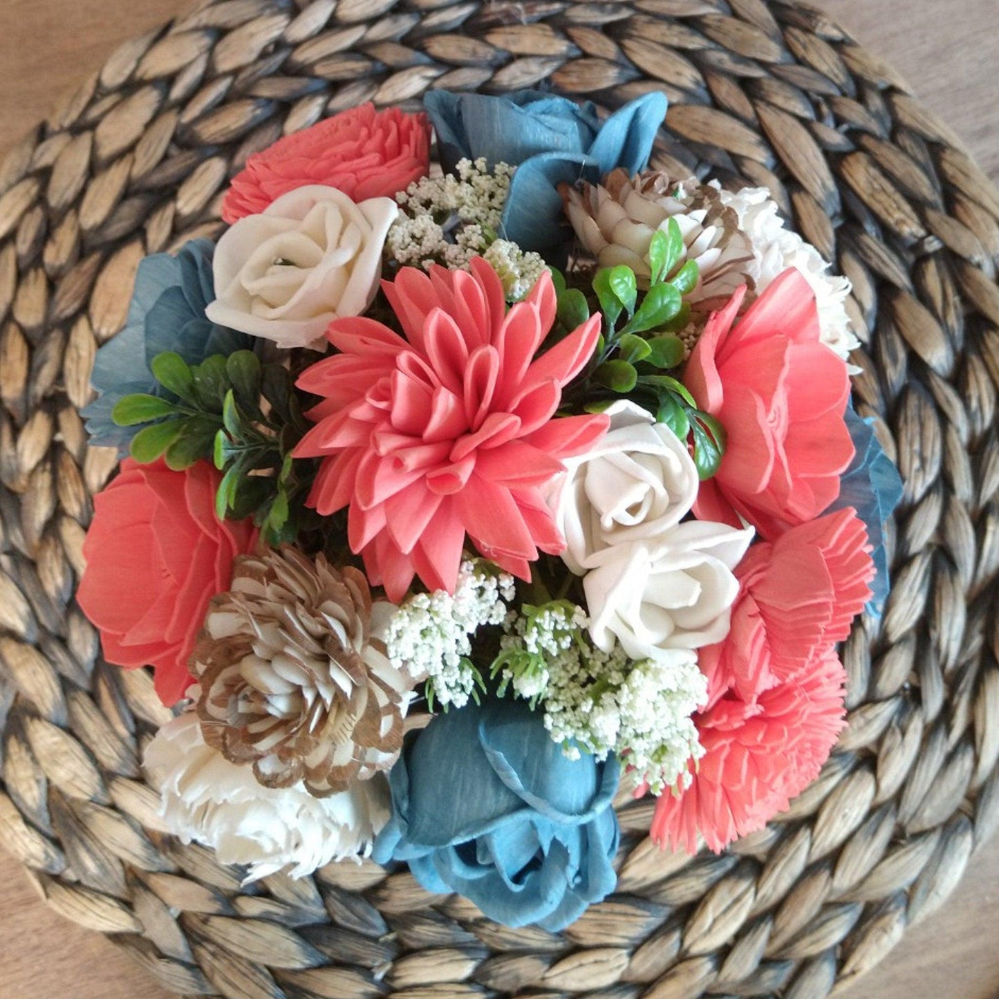 Blue and Coral Sola Wood Flower Arrangement