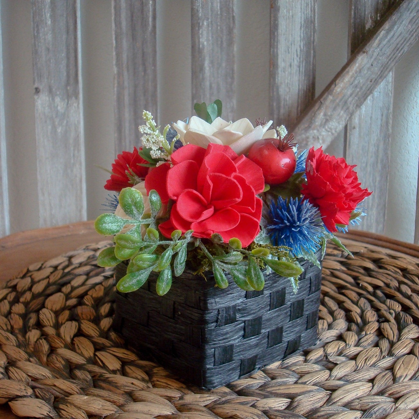 Americana Sola Wood Flower Arrangement, Memorial Day Decor, Fourth of July Table, Red White and Blue