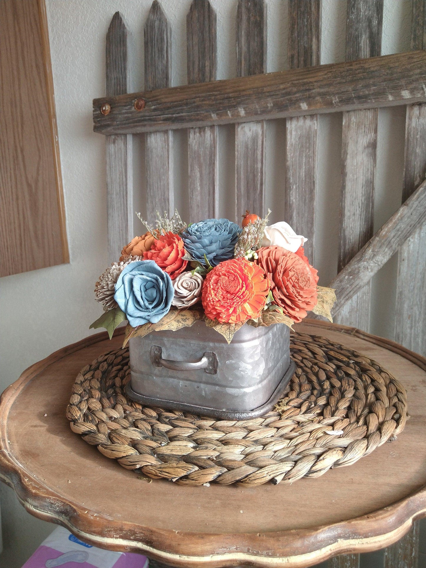 Fall oranges and Blue Sola Wood Flowers in Metal drawer