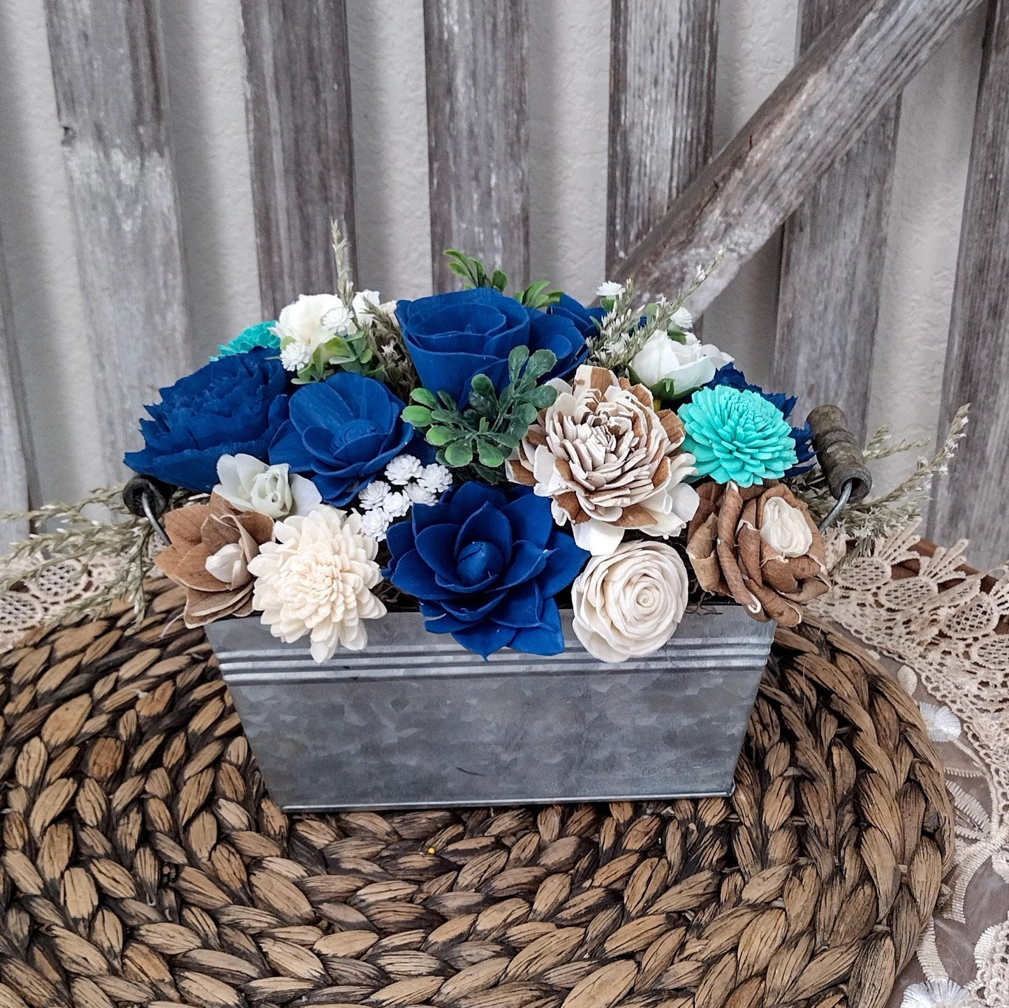 Navy teal and natural sola wood flower centerpiece, gift for her