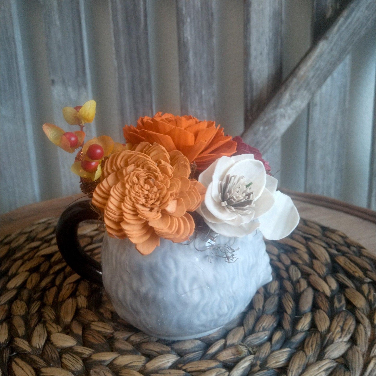 Sola Wood Flowers in a Racoon planter, Gift for her, Forest animals Decor, Approx  7X7X5