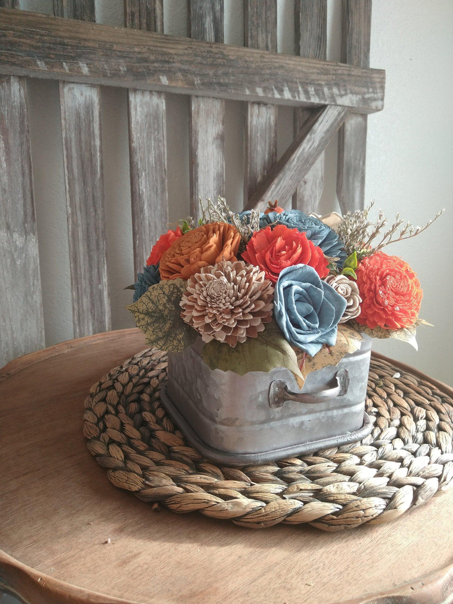 Fall oranges and Blue Sola Wood Flowers in Metal drawer