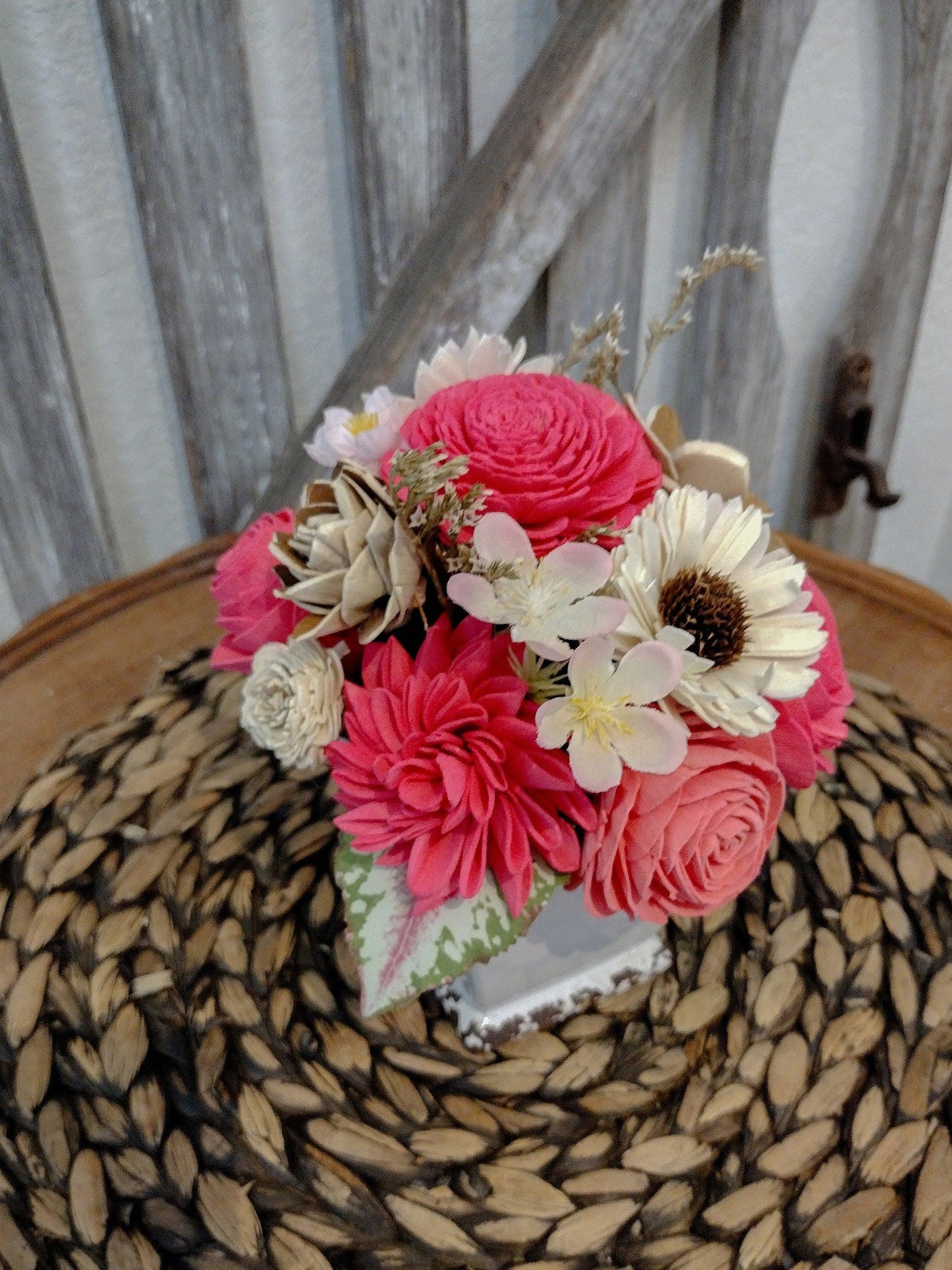 Bright  Pink and Ivory Farmhouse Centerpiece - Keepsake Sola Flower Arrangement