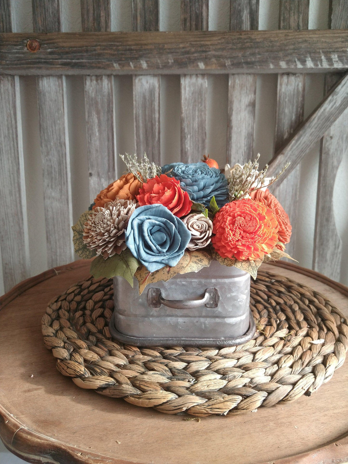 Fall oranges and Blue Sola Wood Flowers in Metal drawer