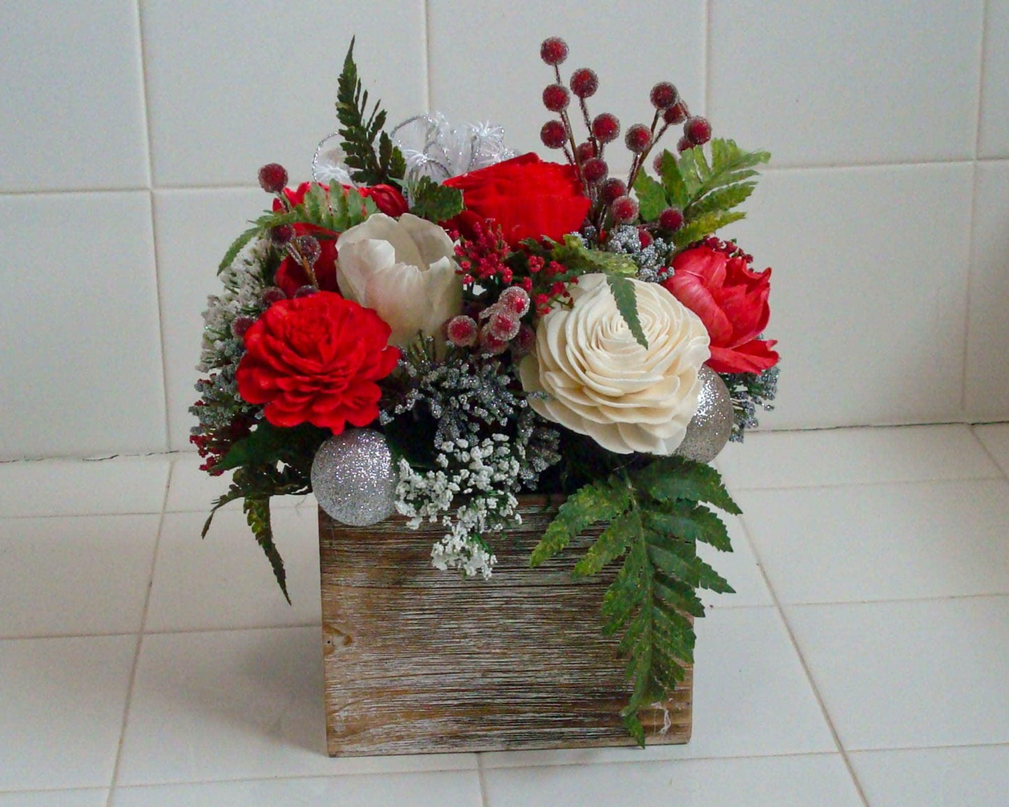 Holiday decoration,  Christmas Centerpiece with berries and sola wood flowers in a wood box, gift