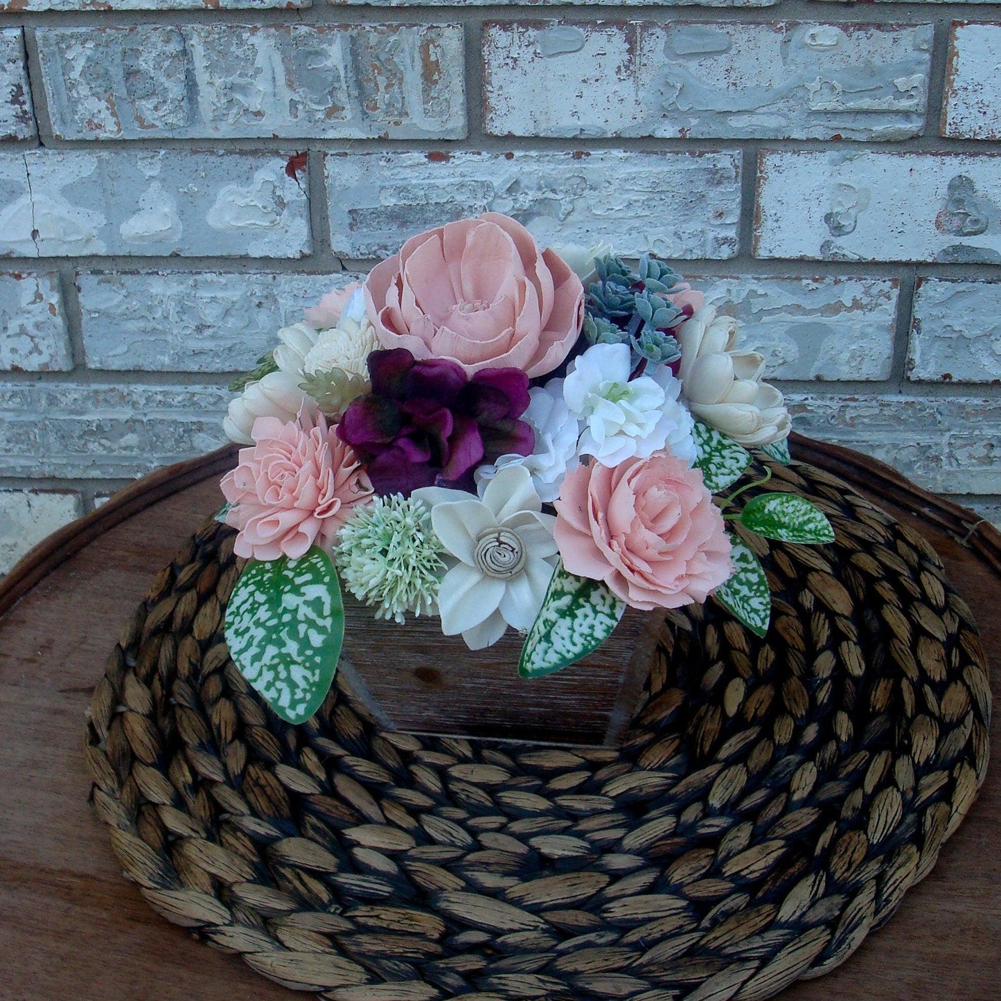 Pinks, white and burgandy florals in a wood box. Perfect for Mother's Day