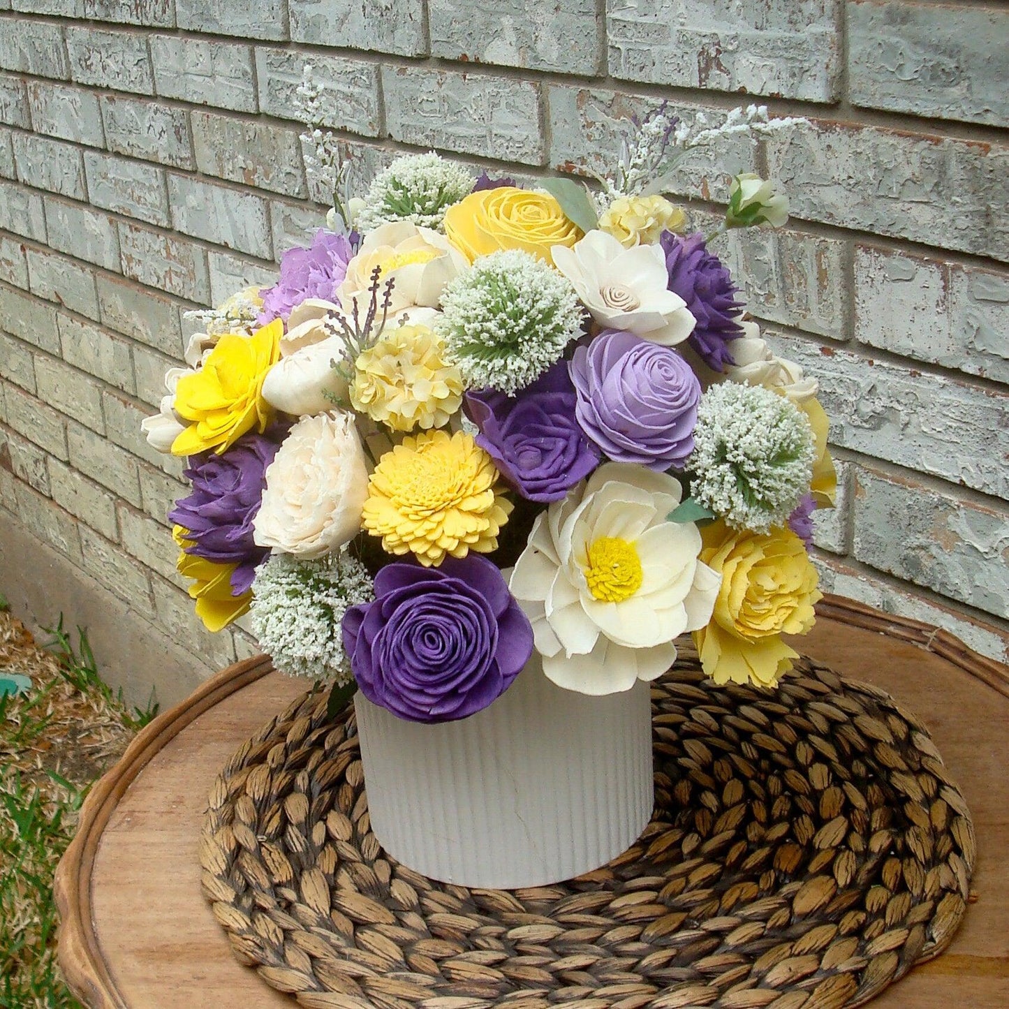 Large purple and yellow centerpiece, Gift for her, Sola Wood Flowers