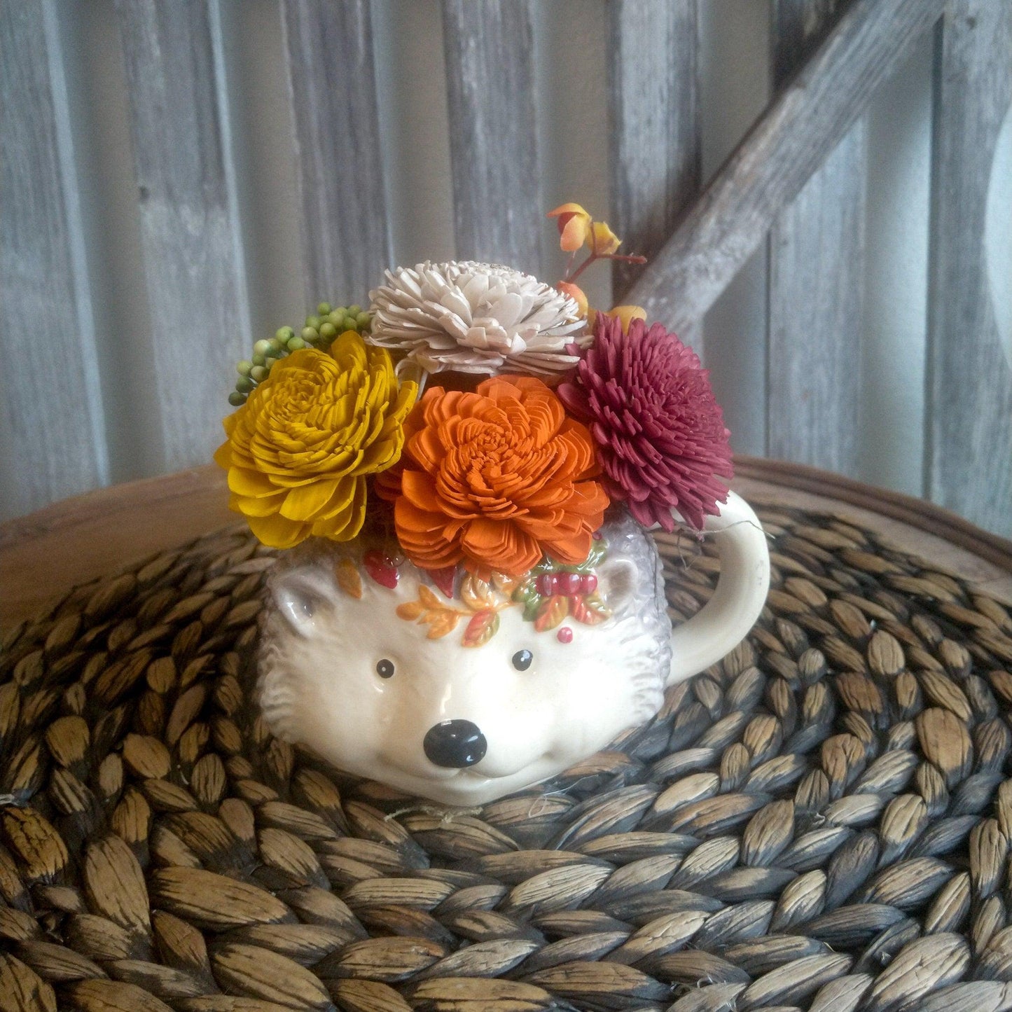 Fall Floral, Hedgehog Mug filled with Sola Wood Flowers, Gift for Friend, Small Centerpiece