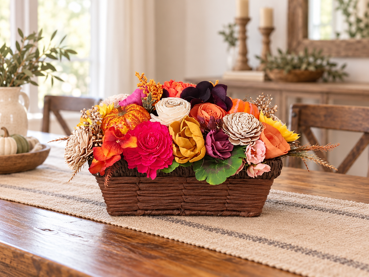 Fall Sola Wood Flower Centerpiece in Rustic Basket
