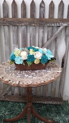 Teal & Ivory Sola Wood Flower Arrangement | Rustic Farmhouse Basket Centerpiece