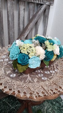 Teal & Ivory Sola Wood Flower Arrangement | Rustic Farmhouse Basket Centerpiece