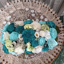 Teal & Ivory Sola Wood Flower Arrangement | Rustic Farmhouse Basket Centerpiece