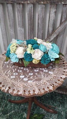 Teal & Ivory Sola Wood Flower Arrangement | Rustic Farmhouse Basket Centerpiece