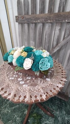Teal & Ivory Sola Wood Flower Arrangement | Rustic Farmhouse Basket Centerpiece