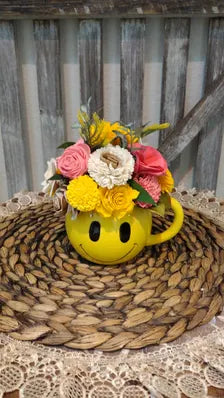 Smiley Face Mug Sola Wood Flower Arrangement