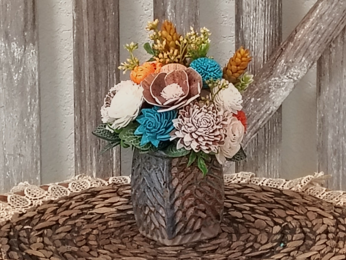 Teal and Orange Sola Wood Flower Arrangement in Textured Vase
