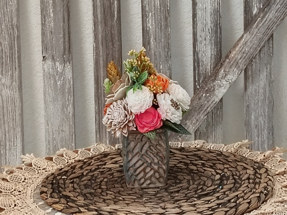 Teal and Orange Sola Wood Flower Arrangement in Textured Vase