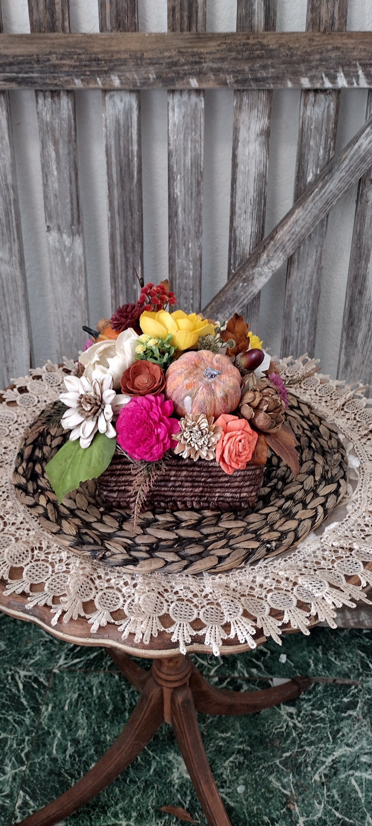 Fall Sola Wood Flower Arrangement with Pumpkin,  Rustic Autumn Centerpiece