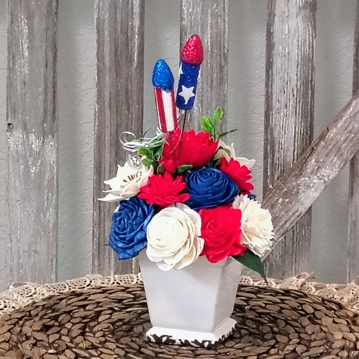Patriotic Red, White & Blue Sola Wood Flower Arrangement