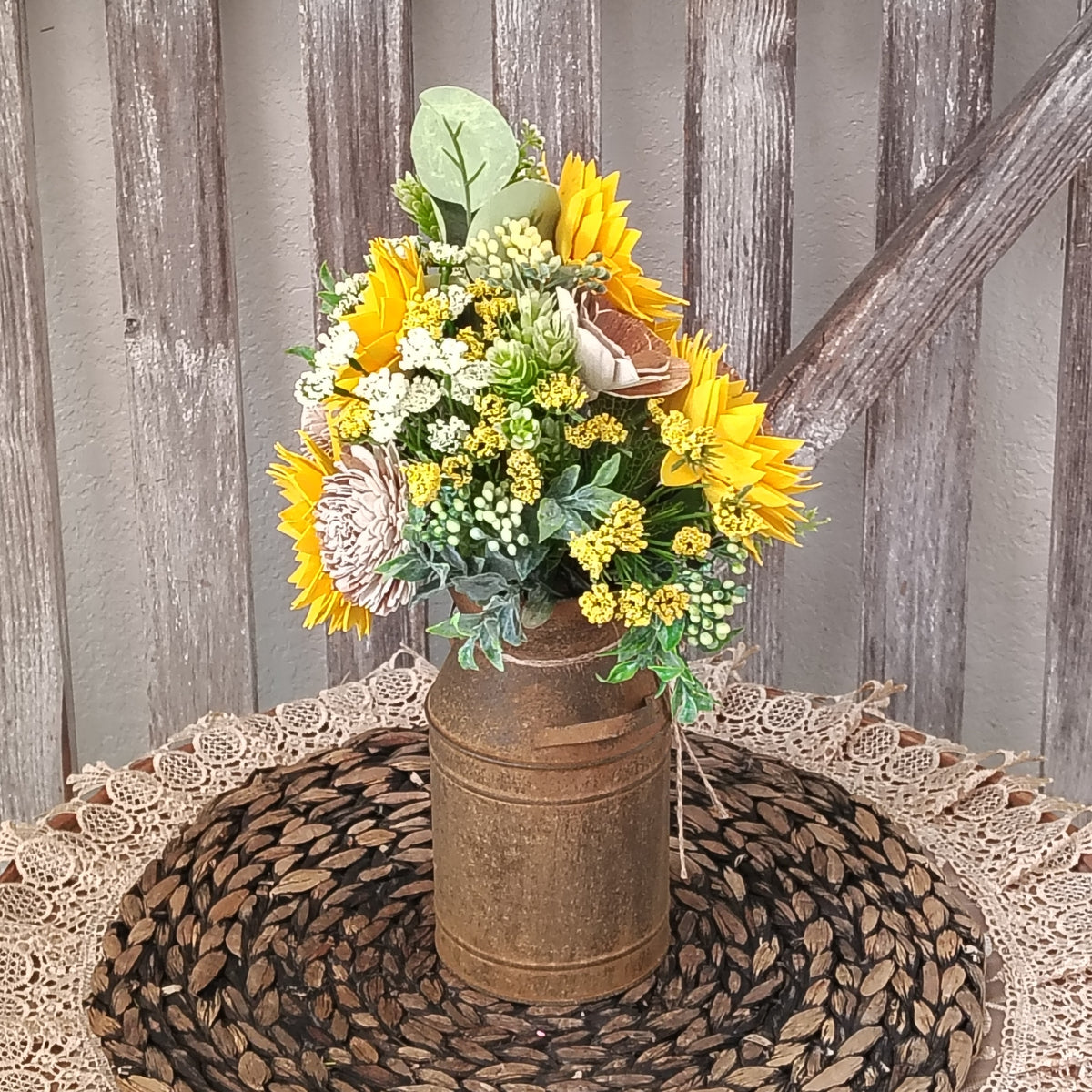 Sunflower Sola Wood Flower Arrangement in Rustic Milk Can