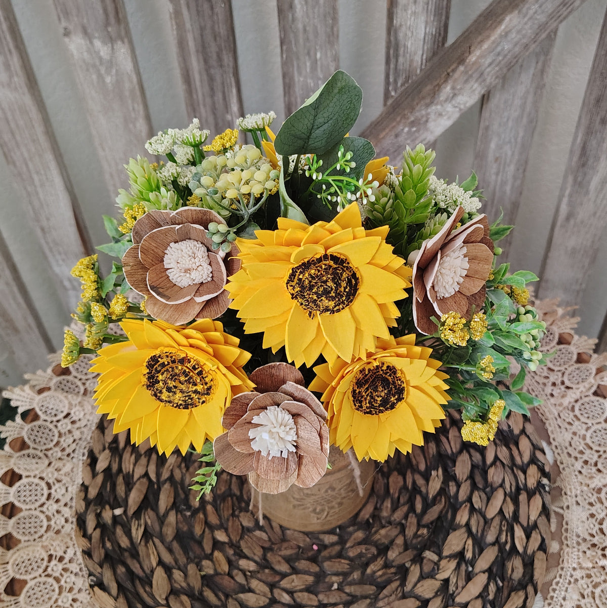 Sunflower Sola Wood Flower Arrangement in Rustic Milk Can